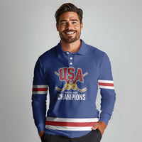 Custom United States Hockey 1980-2026 Gold Medal Long Sleeve Polo Shirt Embroidery Effect Blue Style