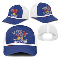 United States Hockey 1980-2026 Gold Medal Mesh Trucker Cap Embroidery Effect Blue Style