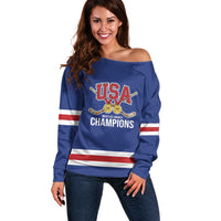 Custom United States Hockey 1980-2026 Gold Medal Off Shoulder Sweater Embroidery Effect Blue Style