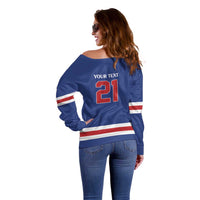 Custom United States Hockey 1980-2026 Gold Medal Off Shoulder Sweater Embroidery Effect Blue Style