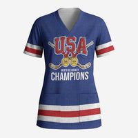 Custom United States Hockey 1980-2026 Gold Medal Scrub Top Embroidery Effect Blue Style