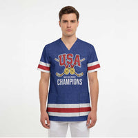 Custom United States Hockey 1980-2026 Gold Medal Scrub Top Embroidery Effect Blue Style