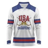 Custom United States Hockey 1980-2026 Gold Medal Long Sleeve Polo Shirt Embroidery Effect White Style