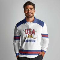 Custom United States Hockey 1980-2026 Gold Medal Long Sleeve Polo Shirt Embroidery Effect White Style