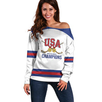 Custom United States Hockey 1980-2026 Gold Medal Off Shoulder Sweater Embroidery Effect White Style
