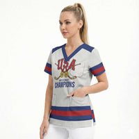 Custom United States Hockey 1980-2026 Gold Medal Scrub Top Embroidery Effect White Style