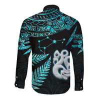 Matariki New Zealand Long Sleeve Button Shirt Maori Manaia with Paua Shell - Aqua - Wonder Print Shop