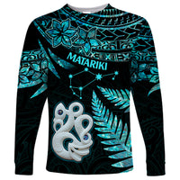 Matariki New Zealand Long Sleeve Shirt Maori Manaia with Paua Shell - Aqua - Wonder Print Shop