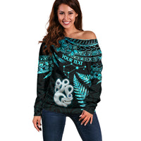 Custom Matariki New Zealand Off Shoulder Sweater Maori Manaia with Paua Shell - Aqua - Wonder Print Shop
