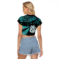 Custom Matariki New Zealand Raglan Cropped T Shirt Maori Manaia with Paua Shell - Aqua - Wonder Print Shop