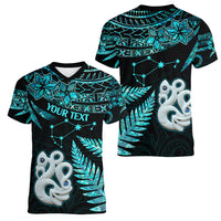 Custom Matariki New Zealand Women V Neck T Shirt Maori Manaia with Paua Shell - Aqua - Wonder Print Shop