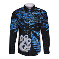 Matariki New Zealand Long Sleeve Button Shirt Maori Manaia with Paua Shell - Blue - Wonder Print Shop