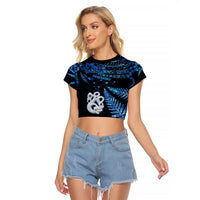 Matariki New Zealand Raglan Cropped T Shirt Maori Manaia with Paua Shell - Blue - Wonder Print Shop