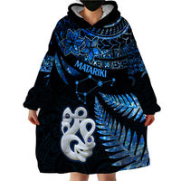 Matariki New Zealand Wearable Blanket Hoodie Maori Manaia with Paua Shell - Blue - Wonder Print Shop