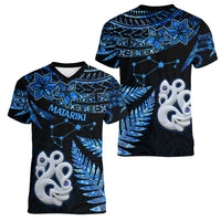 Matariki New Zealand Women V Neck T Shirt Maori Manaia with Paua Shell - Blue - Wonder Print Shop