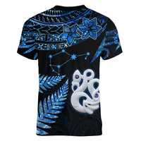 Custom Matariki New Zealand Women V Neck T Shirt Maori Manaia with Paua Shell - Blue - Wonder Print Shop