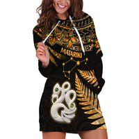 Maori Hoodie Dress Matariki Stars Manaia with Paua Shell - Gold - Wonder Print Shop