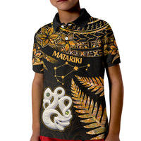 Maori Kid Polo Shirt Matariki Stars Manaia with Paua Shell - Gold - Wonder Print Shop