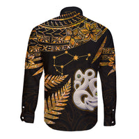 Maori Long Sleeve Button Shirt Matariki Stars Manaia with Paua Shell - Gold - Wonder Print Shop