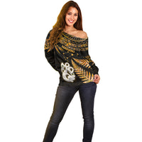 Maori Off Shoulder Sweater Matariki Stars Manaia with Paua Shell - Gold - Wonder Print Shop