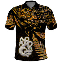 Maori Polo Shirt Matariki Stars Manaia with Paua Shell - Gold - Wonder Print Shop