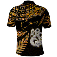 Maori Polo Shirt Matariki Stars Manaia with Paua Shell - Gold - Wonder Print Shop