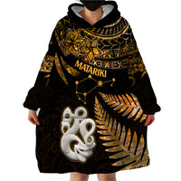 Maori Wearable Blanket Hoodie Matariki Stars Manaia with Paua Shell - Gold - Wonder Print Shop