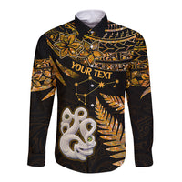 Custom Maori Long Sleeve Button Shirt Matariki Stars Manaia with Paua Shell - Gold - Wonder Print Shop