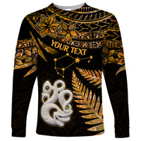 Custom Maori Long Sleeve Shirt Matariki Stars Manaia with Paua Shell - Gold - Wonder Print Shop