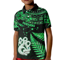 Maori Kid Polo Shirt Matariki Stars Manaia with Paua Shell - Green - Wonder Print Shop