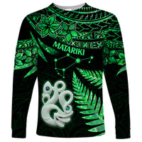 Maori Long Sleeve Shirt Matariki Stars Manaia with Paua Shell - Green - Wonder Print Shop