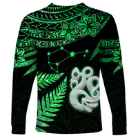 Custom Maori Long Sleeve Shirt Matariki Stars Manaia with Paua Shell - Green - Wonder Print Shop