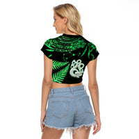 Custom Maori Raglan Cropped T Shirt Matariki Stars Manaia with Paua Shell - Green - Wonder Print Shop