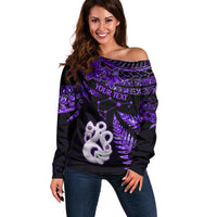 Custom New Zealand Off Shoulder Sweater Matariki NZ Manaia with Paua Shell - Purple - Wonder Print Shop