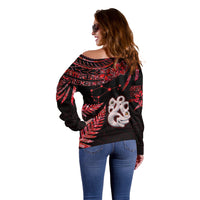 Matariki Off Shoulder Sweater NZ New Year Manaia with Paua Shell - Red - Wonder Print Shop