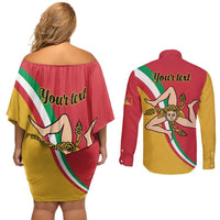 Personalized Italy Bandiera Della Sicilia Couples Matching Off Shoulder Short Dress and Long Sleeve Button Shirt LT9 - Wonder Print Shop