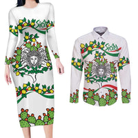 Sicilian Triskelion Couples Matching Long Sleeve Bodycon Dress and Long Sleeve Button Shirt with Cactus and Lemons LT9 - Wonder Print Shop