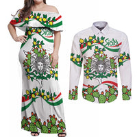 Sicilian Triskelion Couples Matching Off Shoulder Maxi Dress and Long Sleeve Button Shirt with Cactus and Lemons LT9 - Wonder Print Shop