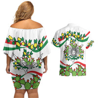 Sicilian Triskelion Couples Matching Off Shoulder Short Dress and Hawaiian Shirt with Cactus and Lemons LT9 - Wonder Print Shop