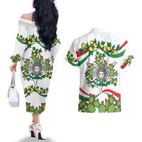 Sicilian Triskelion Couples Matching Off The Shoulder Long Sleeve Dress and Hawaiian Shirt with Cactus and Lemons LT9 - Wonder Print Shop