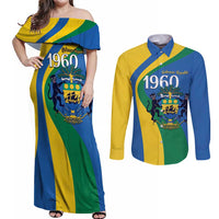 Personalized Gabon Independence Day 1960 Couples Matching Off Shoulder Maxi Dress and Long Sleeve Button Shirt Gabonaise Coat of Arms - Wonder Print Shop