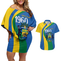 Personalized Gabon Independence Day 1960 Couples Matching Off Shoulder Short Dress and Hawaiian Shirt Gabonaise Coat of Arms - Wonder Print Shop
