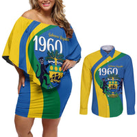Personalized Gabon Independence Day 1960 Couples Matching Off Shoulder Short Dress and Long Sleeve Button Shirt Gabonaise Coat of Arms - Wonder Print Shop