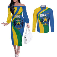 Personalized Gabon Independence Day 1960 Couples Matching Off The Shoulder Long Sleeve Dress and Long Sleeve Button Shirt Gabonaise Coat of Arms - Wonder Print Shop