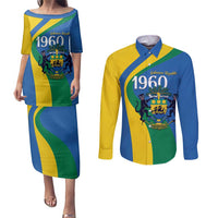 Personalized Gabon Independence Day 1960 Couples Matching Puletasi and Long Sleeve Button Shirt Gabonaise Coat of Arms - Wonder Print Shop
