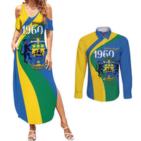 Personalized Gabon Independence Day 1960 Couples Matching Summer Maxi Dress and Long Sleeve Button Shirt Gabonaise Coat of Arms - Wonder Print Shop