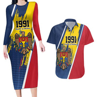 Personalized Moldova Independence Day 1991 Couples Matching Long Sleeve Bodycon Dress and Hawaiian Shirt One People One Nation - Wonder Print Shop
