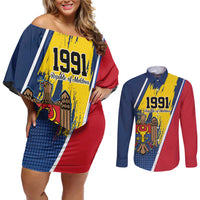 Personalized Moldova Independence Day 1991 Couples Matching Off Shoulder Short Dress and Long Sleeve Button Shirt One People One Nation - Wonder Print Shop