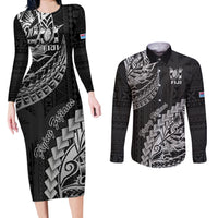 Fiji Rugby Couples Matching Long Sleeve Bodycon Dress and Long Sleeve Button Shirt Kaiviti Fijian Tribal World Cup Black LT9 - Wonder Print Shop