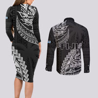 Fiji Rugby Couples Matching Long Sleeve Bodycon Dress and Long Sleeve Button Shirt Kaiviti Fijian Tribal World Cup Black LT9 - Wonder Print Shop